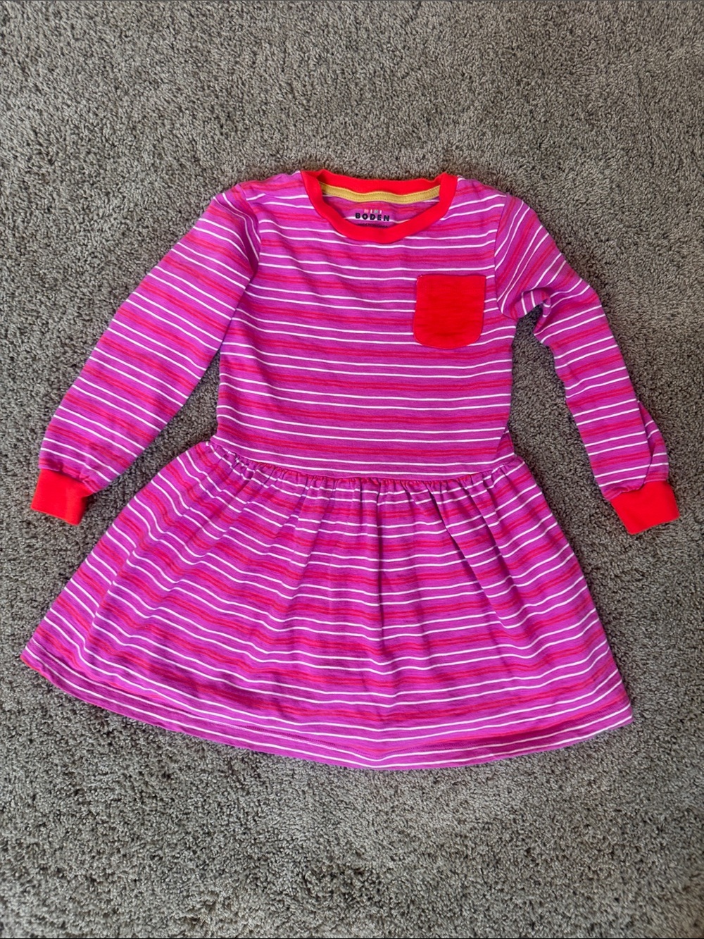 Boden Bright Pink Striped Long-Sleeve Dress with Red Pocket